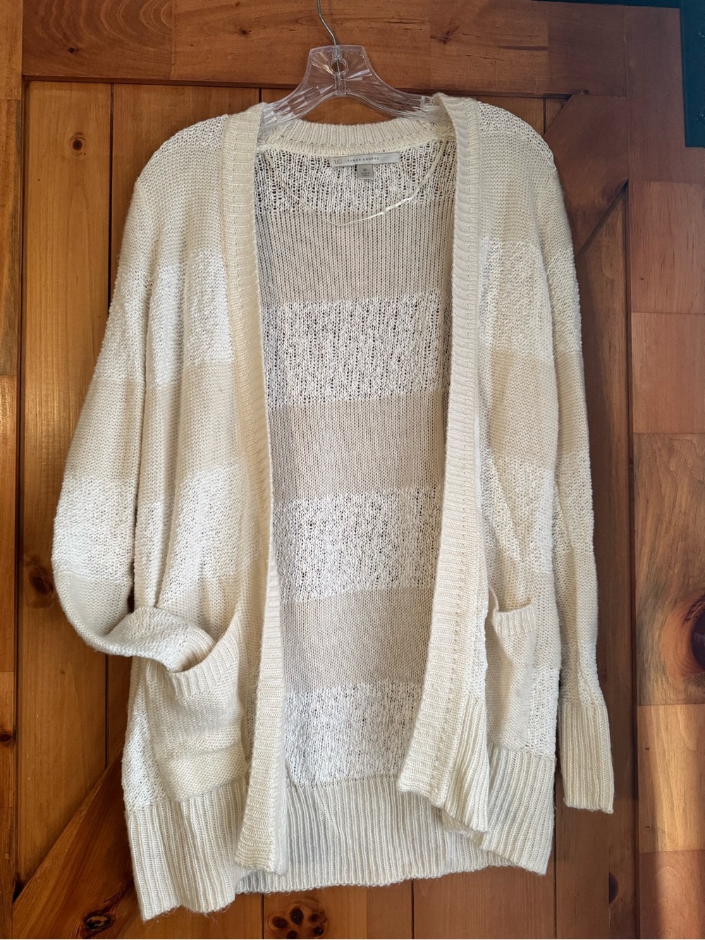 LC Lauren Conrad Cream Open-Front Striped Knit Cardigan